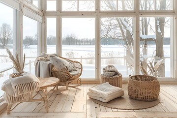 Wall Mural - Scandinavian sunroom with a light wood floor and furniture, woven baskets filled with blankets, and a view of a snowy landscape.