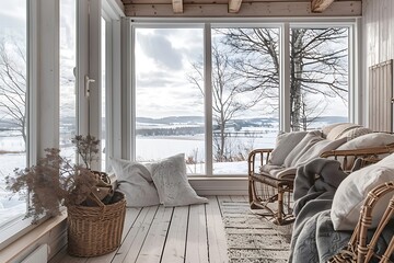 Poster - Scandinavian sunroom with a light wood floor and furniture, woven baskets filled with blankets, and a view of a snowy landscape.