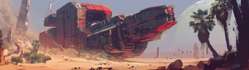 an extremly large craft rolling over ruins in the desert, rough metal, very red, very ominus feeling, vast lasdscape with palm trees and hooded figures