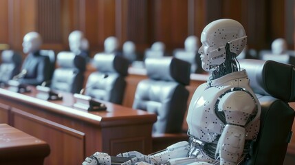 A courtroom judge listening intently to a lawyers argument backed by data analysis and predictions from an advanced AI program.