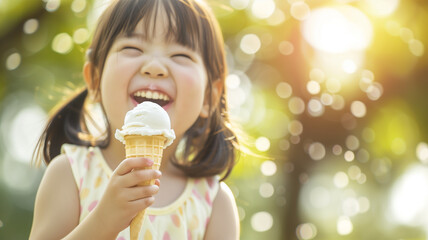 Poster - 夏の公園でアイスクリームを食べる日本の子供