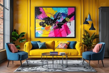 Wall Mural - Sleek black frame mockup with a vibrant pop art piece, centered on a bold accent wall in a contemporary living room.