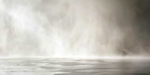Wall Mural - White empty room with smoke or fog on white background. Misty ethereal scene with soft light and reflective surface creating a serene and calming atmosphere in a dreamy abstract style