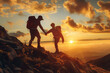 © Patthamaporn - Hiker helping friend reach the mountain with  sunset background, walking together