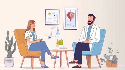 Wall Mural - Happy patient and psychologist exchanging mental health conversation in clinic with positive emotion while explaining prim successful work and life to