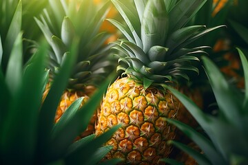 Sliced and half of Pineapple(Ananas comosus) on wooden table with blurred garden background.Sweet, and juicy taste Have a lot of fiber,vitamins C and minerals  or healthcare concept , generative ai