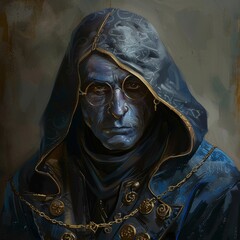 Poster - fantasy portrait of a bald mage with strange blue skin and wearing mystical robes