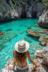 Wall Mural - A woman in a white hat sitting on a rocky edge overlooking the stunning turquoise waters of a secluded, picturesque coastal cove surrounded by rugged cliffs