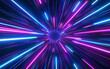 © AhmadTriwahyuutomo - Photo realistic image of blue and purple neon light lines racing through a dark background, simulating a hyper-speed warp effect in space