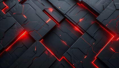 Fototapete - modern abstract background with dark grey and black tones, accented by vibrant red glowing lines, creating a dynamic and innovative design