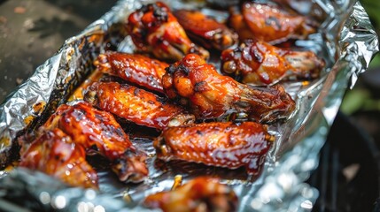 Wall Mural - Hot spicy bbq honey chicken wings on foil. Stiky roasted wings in chili marinade, sweet-spicy taste. Generative Ai.