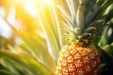 Poster - Sliced and half of Pineapple(Ananas comosus) on wooden table with blurred garden background.Sweet, and juicy taste Have a lot of fiber,vitamins C and minerals  or healthcare concept , generative ai