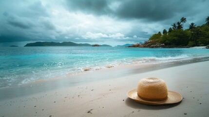 Wall Mural - Straw Hat Resting On A Beautiful Sandy Beach With Turquoise Water And Dramatic Sky In The Background.