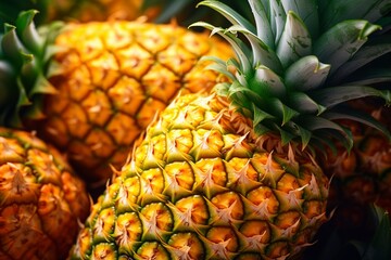 Canvas Print - Sliced and half of Pineapple(Ananas comosus) on wooden table with blurred garden background.Sweet, and juicy taste Have a lot of fiber,vitamins C and minerals  or healthcare concept , generative ai