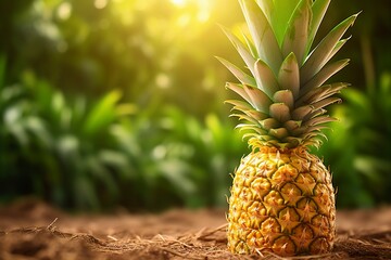 Wall Mural - Sliced and half of Pineapple(Ananas comosus) on wooden table with blurred garden background.Sweet, and juicy taste Have a lot of fiber,vitamins C and minerals  or healthcare concept , generative ai