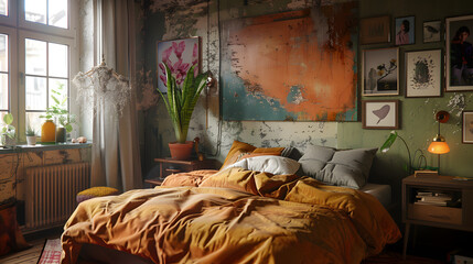 Wall Mural - A bedroom with a bed, chair, and dresser