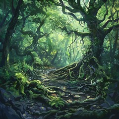 Wall Mural - enchanting forest scene with twisted tree roots and lush green foliage magical nature landscape digital art