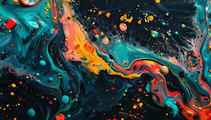 Wall Mural - energetic colorful splashes of paint on black background abstract fluid art photography