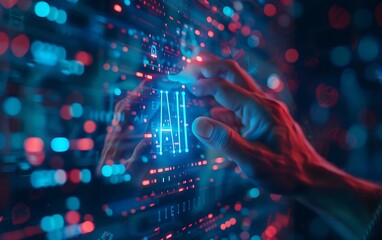Aufkleber - Human hand interacting with a futuristic AI interface, glowing with blue and red digital elements