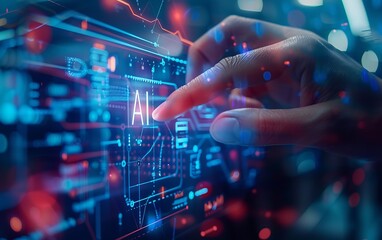 Aufkleber - Human hand interacting with a futuristic AI interface, glowing with blue and red digital elements