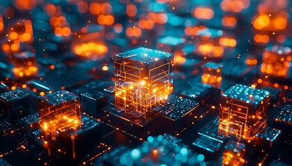 Aufkleber - Glowing cubes interconnected by digital lines, illustrating an advanced IoT network in vibrant blue and orange tones