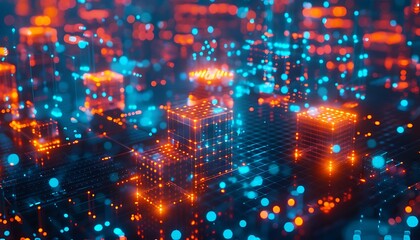 Aufkleber - Glowing cubes interconnected by digital lines, illustrating an advanced IoT network in vibrant blue and orange tones