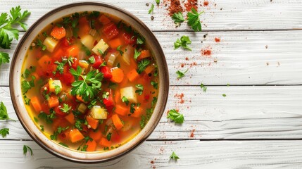 Wall Mural - Healthy Vegetable Soup in a Bowl on a White Wooden Surface