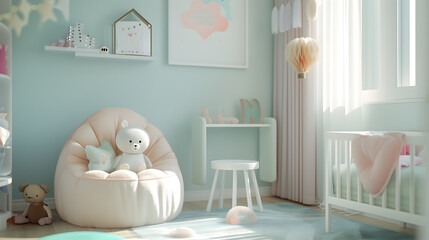 Wall Mural - A baby's nursery with a white crib, a pink and white chair, and a white desk