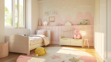 Wall Mural - A baby's nursery with a white crib, a pink and white chair, and a white desk