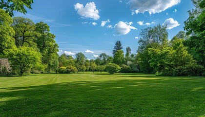 idyllic spring park with a manicured lawn surrounded by lush trees and fluffy clouds blurred backgro
