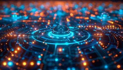 Aufkleber - Central chatbot icon in a glowing network of blue and orange connections, highlighting advanced digital communication technology
