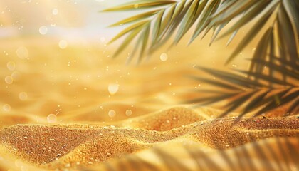 Wall Mural - idyllic summer beach panorama with golden sand and blurred palm leaves digital illustration