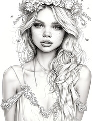 Wall Mural - A woman with long blonde hair and a flower crown on her head