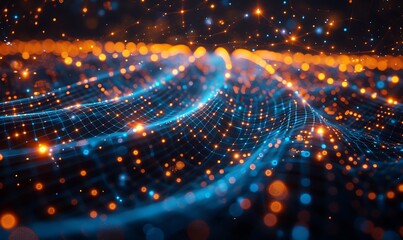 Aufkleber - Flowing digital network of glowing blue and orange lines, highlighting the complexity and sophistication of interconnected chatbot systems