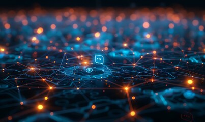 Aufkleber - Flowing digital network of glowing blue and orange lines, highlighting the complexity and sophistication of interconnected chatbot systems