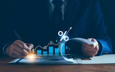 Wall Mural - Interest rate increase concept. Business value percentage and up arrow investment, Interest rate increase, business hike growth, stocks, mutual fund, high exchange rate. Long term investment