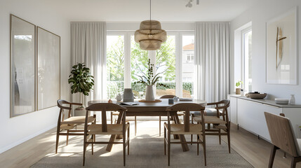 Wall Mural - A large, open room with a wooden dining table and chairs