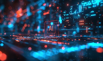 Aufkleber - AI prominently displayed on a digital tablet amidst a vibrant, futuristic matrix of blue and red lights