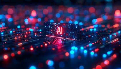 Aufkleber - AI illuminated on a tablet screen amidst a matrix of glowing code, with blue and red bokeh lights creating a futuristic atmosphere