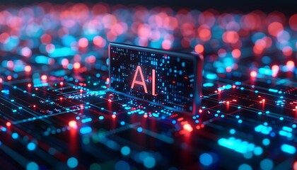 Aufkleber - AI illuminated on a tablet screen amidst a matrix of glowing code, with blue and red bokeh lights creating a futuristic atmosphere