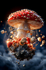 Wall Mural - A mushroom is floating in the air with rocks and debris surrounding it