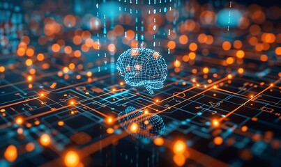 Aufkleber - Digital brain at the center of a connected IoT network with glowing icons and digital lines, highlighting AI's central role