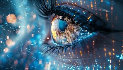 Aufkleber - AI eye analyzing data in a rain of binary code, with close-up details and a futuristic background of glowing blue tones