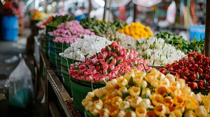 Wall Mural - Vibrant Floral Stalls at a Bustling Bangkok Market