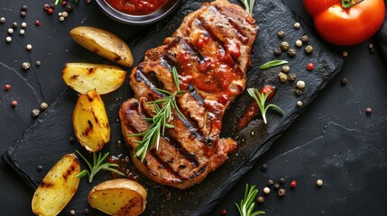 Wall Mural - Grilled pork served with a red sauce and potatoes