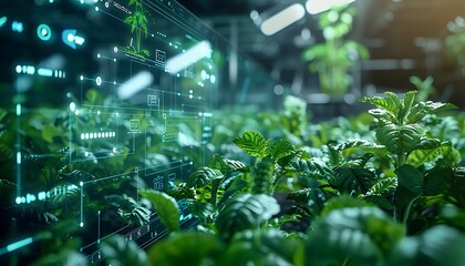 Aufkleber - AI-integrated farm control center with lush green plants and a transparent digital interface showcasing farming data