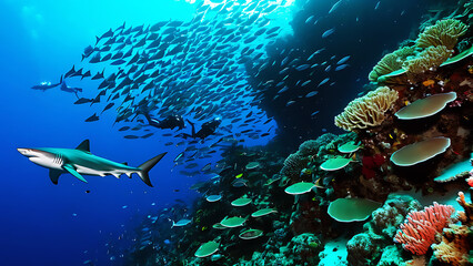 underwater silhouette shot of sharks circling  little fishs 