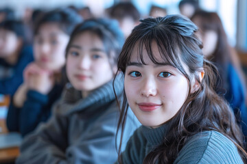 Wall Mural - Japanese student sitting in a university classroom, college friends