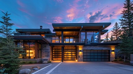 Wall Mural - Modern home exterior with large glass windows, wooden cladding and steel roof at dusk. Large garage door, concrete accents, pine tree. Blue sky with pink clouds.