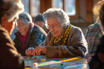 Wall Mural - Seniors playing a spirited game of bingo at a community center, Stock Photo with copy space